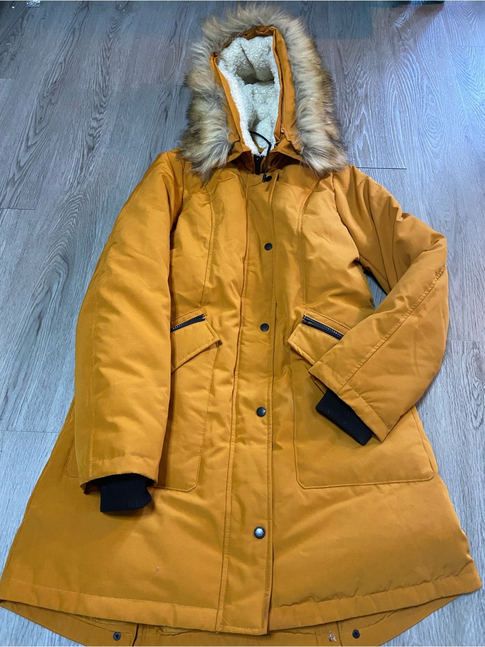 Sam Edelman Mustard Hooded Parka with Faux Fur Trim